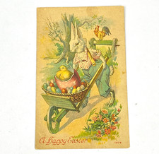 Happy Easter Postcard Bunny Rabbit Pushing Cart Chick Eggs Basket Rooster VTG picture