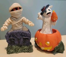 Vintage Set 2 Halloween Ghost Pumpkin & Mummy Tombstone RIP Figurines Resin picture