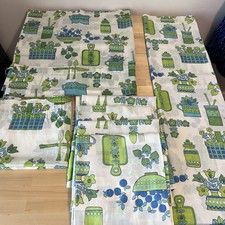 Vtg 70s Retro Kitchen Curtain Set of 2 Valances & 5 Panels Blue Avocado Green picture