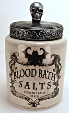 Vintage Blood Bath Salts Ceramic Jar Gothic Halloween Vampire Bat Canister picture