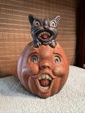 Vintage Jack O Lantern Halloween Pumpkin Black Cat Papier Mache Clay picture