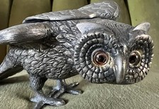ADORABLE ANTIQUE SILVER TONE OWL GLASS EYES TRINKET/INK HOLDER 18 OZ INTRICATE picture