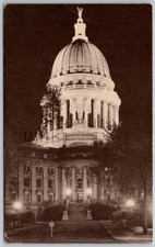 1943 Madison WI Capitol Dome Night View Postcard WWII Era Diemer Photo picture