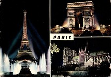 Paris Night Eiffel Tower Arc De Triomphe Notre Dame 1969 Vintage Postcard TPQ27 picture