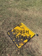 Vintage Rough Road Rustic Traffic Sign Authentic Yellow Aluminum Street Warning picture