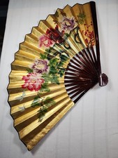 Vintage Chinese  Folding Wall Fan Gold Leaf With Handpainted Peonies 41x24 picture