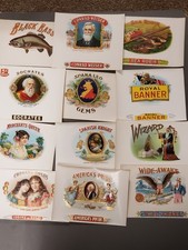 Vtg Lot of 12 Early 1900s Cigar Box Labels - Wizard, Socrates, Wide Awake, Bass picture