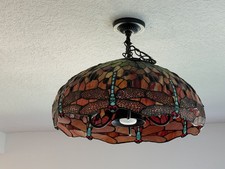 VINTAGE LARGE 22” DRAGONFLY TIFFANY STYLE STAINED GLASS HANGING SWAG LAMP picture