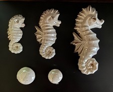 VTG MCM Ceramic Seahorse Wall Plaques Set 3 + Bubbles Pearl Luster Gold 1959 picture