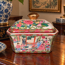 Vintage Chinese Famille Rose Rose Mandarin Porcelain Lidded Box  picture