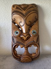 Authentic Hand Carved Kauri Wood Maori Tiki Mask-MOP Eyes-Hang-New Zealand-Tag picture