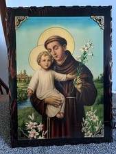 Vintage St. Anthony & Child Jesus Framed Catholic Wall Plaque Ornate Wood Frame picture