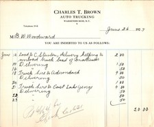 1923 Charles T. Brown Trucking Invoice Warrensburgh NY Blue Ledger Lines picture
