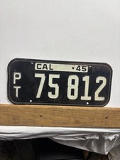 Vintage 1945 California License Plate PT 75 812 Black White YOM picture