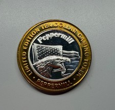 2002 Peppermill Hotel Casino, Reno Eagle/Flag .999 $10 Silver Strike 0.6 t oz picture