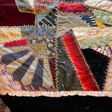 65x47 Antique Crazy Quilt Corner Fans Extensive Embroidery Velvet Border  picture