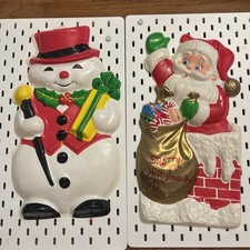 TWO Vintage Christmas Molded Plastic Santa Snowman Wall Hanging NEW OLD STOCK picture