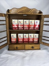Vtg MCM Wood Spice Rack Cabinet Wall Rack Wood 10 Vintage Schilling TINS  Full picture