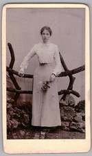 Antique CDV 1890s Young Woman White Blouse Long Skirt Holding Flower Prop picture