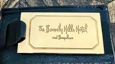 RARE - THE BEVERLY HILLS HOTEL GOLD & BLACK LEATHER SUITCASE TAG - NEVER USED picture