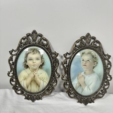 VTG Ornate Gold Metal Framed Praying Boy & Girl Child Prints Convex Glass 10” picture