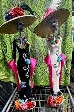Day of the Dead La Catrina Skeleton Figurines Pair Black & White 18 in tall picture