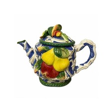 Vintage Fitz & Floyd Florentine Fruit Teapot Blue White Raised Fruit 1990s picture