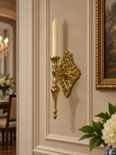 ONE VTG Antique Gold Iron Taper Candle Wall Sconces Hollywood Regency 10.5” picture