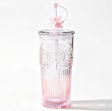 Starbucks 18.6oz Pink Gradient Glass Tumbler Embossed Siren Logo Sakura Topper picture