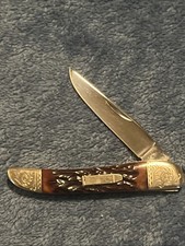 Unused Cattaraugus CM-12 Pocket Knife Beautifully Scrolled, Lever Lock, Bone picture