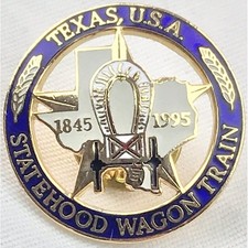 Texas Statehood Wagon Train 1845-1995 USA Gold Tone Enamel Pin Brooch picture