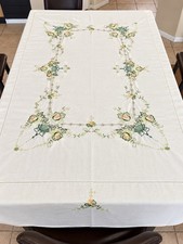 Vintage Style Embroidered Tablecloth 82x64 Off White Floral Cottagecore Linen picture