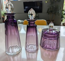 Vintage Signed Moser Alexandrit Amethyst Crystal 3pc Vanity Set Art Deco Bottle picture