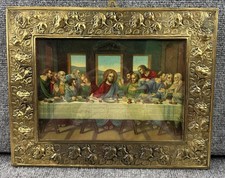 Vintage Last Supper Lithograph Brass Embossed Flowers Roses Repousse Frame EVC picture