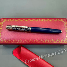 CARTIER Santos Blue Rollerball Pen Silver Trim Logo Cap Luxury Writing Gift picture