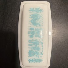 Vintage 1960s Pyrex Amish Butterprint Turquoise Blue White Covered Butter Dish picture