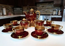 Vintage Carlton Ware Rouge Royale Coffee Set 15-Pc for 6 England c1950 Gilt Tea picture