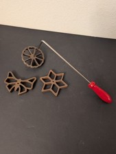 Vtg (3) Waffle Iron Molds w/ Red Wood Handle Germany Cast Iron Forms picture