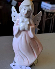 Vtg. Porcelain Angel Pierced Wings Pastel Pink Robe Holding A White Peace Dove picture