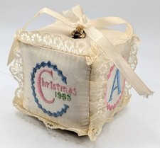 Vintage 1985 Baby's 1st Christmas Musical Satin Cube Ornament Wind-Up Music Box picture