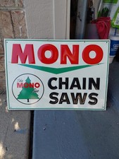 c.1960s Original Vintage Mono Chain Saws Sign Metal Embossed Farm Dairy Soda picture