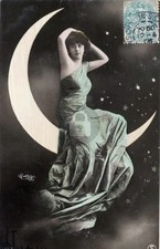 1906 Glamour Lady Sitting on Crescent Moon RPPC Photo Postcard COPY picture