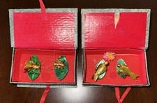 2- Vintage Golden Jiggly Lucky Gold Crickets Birds On Leaf In A Box Chinese 4”ea picture
