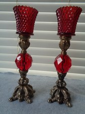 Vintage 70's Metal and Red Polyresin & Glass Christmas Candle Holders picture