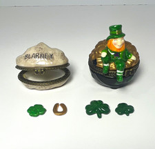 St. Patrick's Day Hinged Trinket Box Set 2pc Leprechaun Pot of Gold, Blarney picture