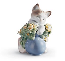 Lladró Porcelain Cat Figurine w/ Flowers & Blue Ball, Valencia España Box picture