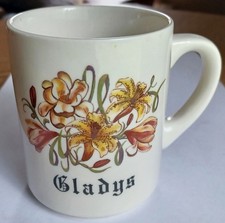 Vintage Gladys Name Mug Floral Lilies Personalized Coffee Cup 3.75” picture