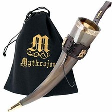 Viking Drinking Horn Bovine Mug with Black Leather Holster Strap Holder 350 ML picture