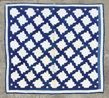 Vintage Antique Hand Stitched Drunkards Path Quilt Blue & White 70x77” CUTTER picture