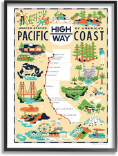 US Pacific Coast Highway Pale Yellow Illustrated Scenic Map Poster XXL Framed Gi picture